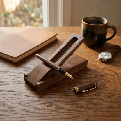 Walnut desk pen holder placed beside daily workspace essentials in soft natural light