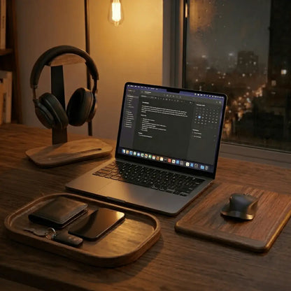 Night desk setup with a laptop and headphone stand with pen tray on a minimalist workspace.