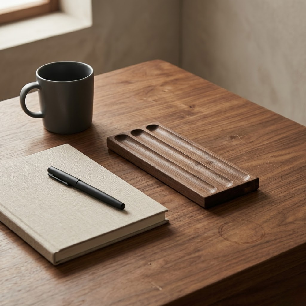 Bamboo desk organizer tray placed beside a notebook and coffee