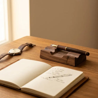 Walnut desk pen rest placed beside a notebook in a quiet workspace