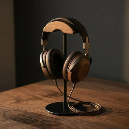 Minimalist headphone stand for desk setup with walnut and metal base