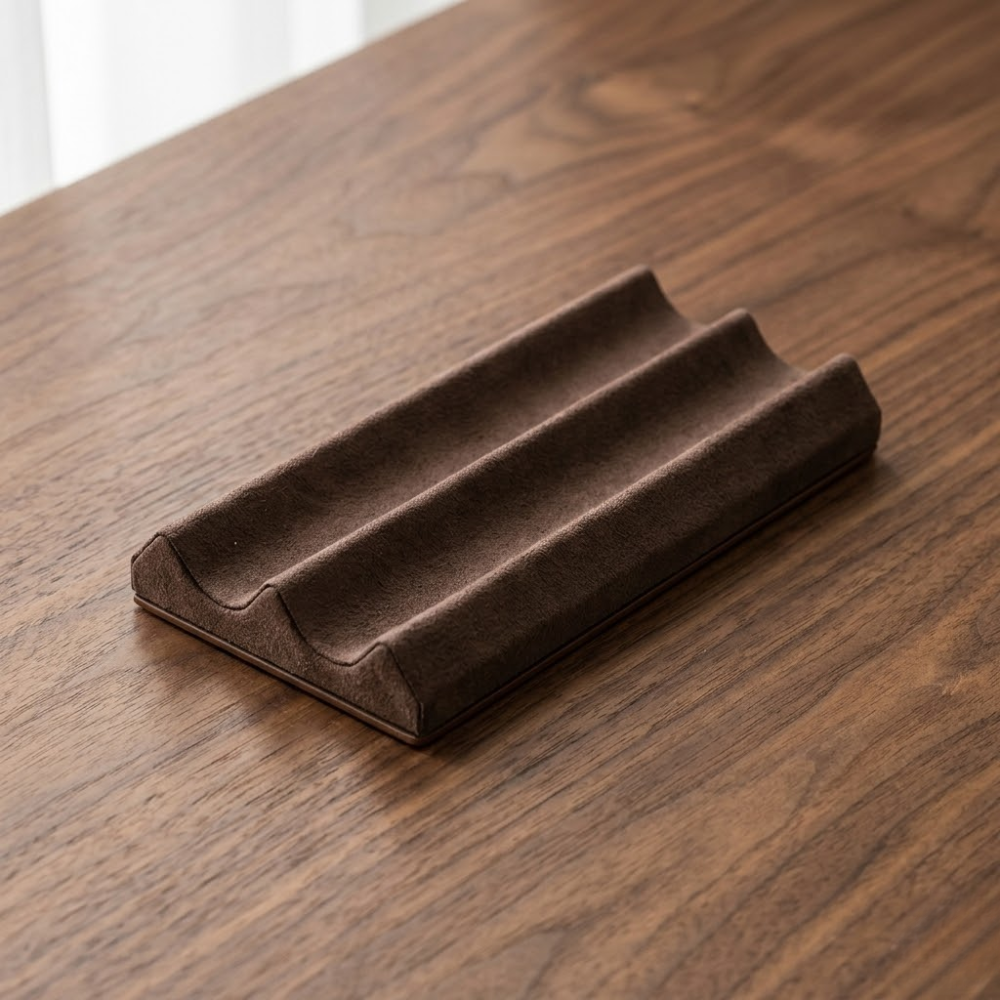 Angled product view of a leather desk pen tray on a wooden surface