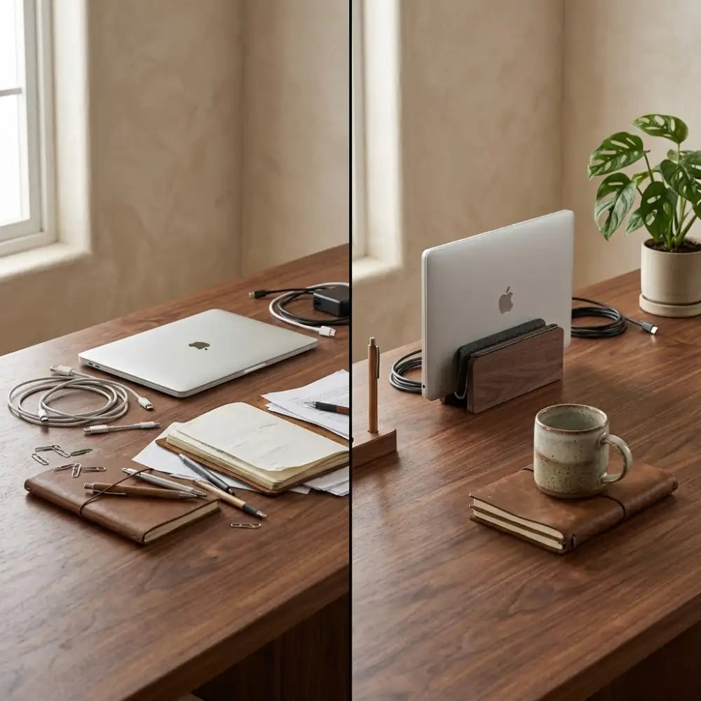 Before and after desk setup comparison showing space saved by a walnut vertical laptop stand
