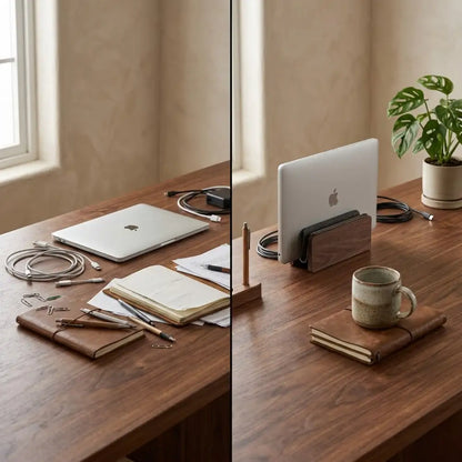 Before and after desk setup comparison showing space saved by a walnut vertical laptop stand