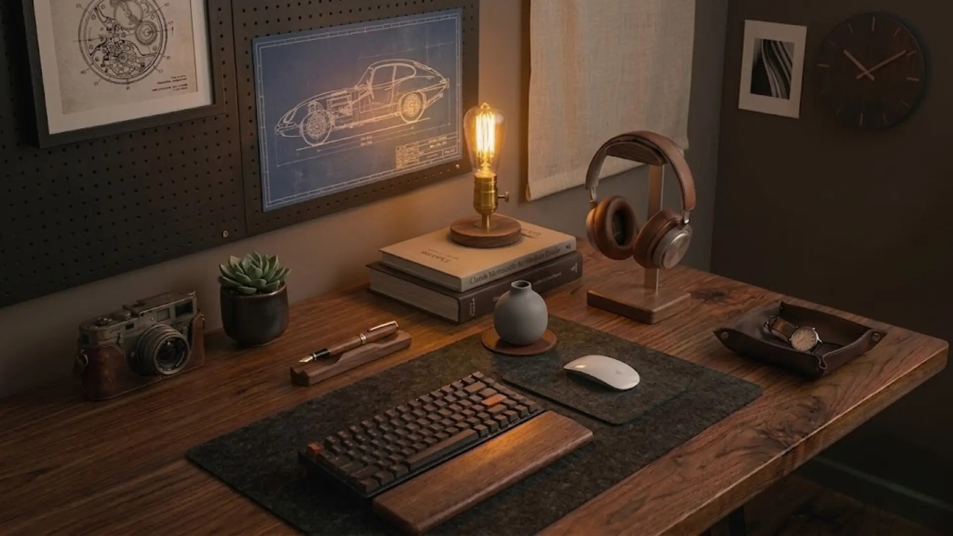 Premium walnut wood desk setup by Auren & Co featuring a vintage car blueprint, mechanical keyboard, and luxury leather men's accessories.