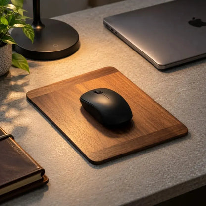 Solid walnut mouse pad with a black mouse on a minimalist desk setup