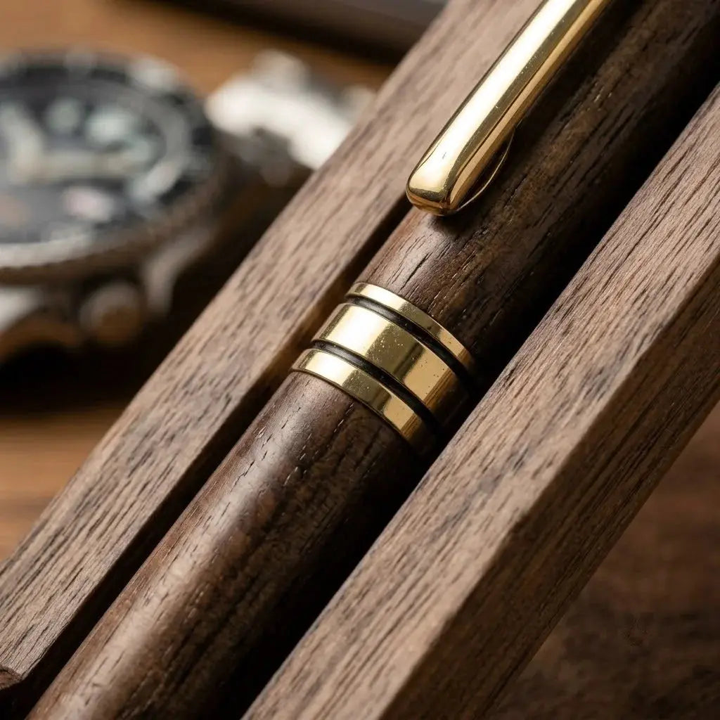 Close-up of solid walnut wood grain and pen detail on the Walnut Desk Pen Set