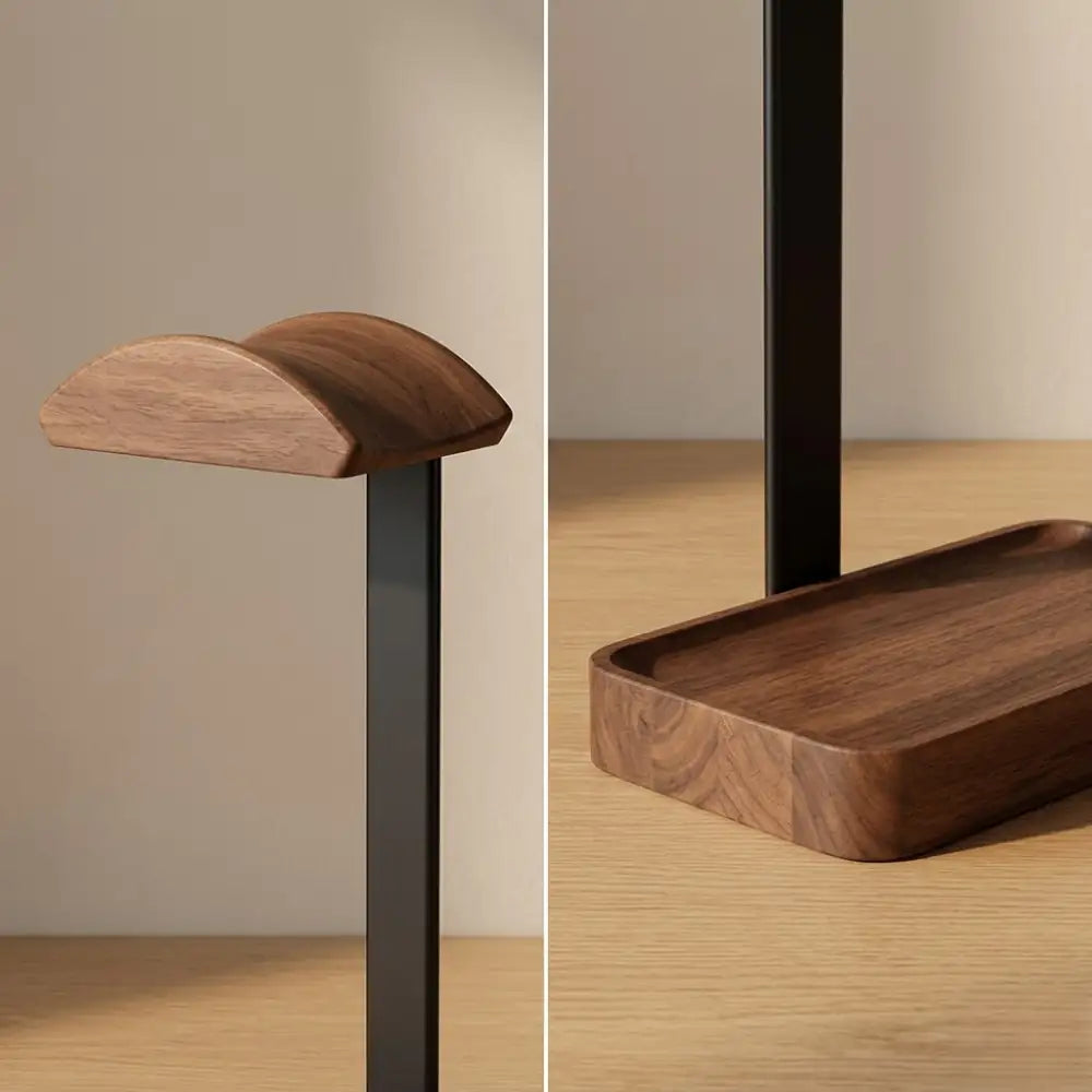 Close-up detail of curved walnut headphone stand base and tray