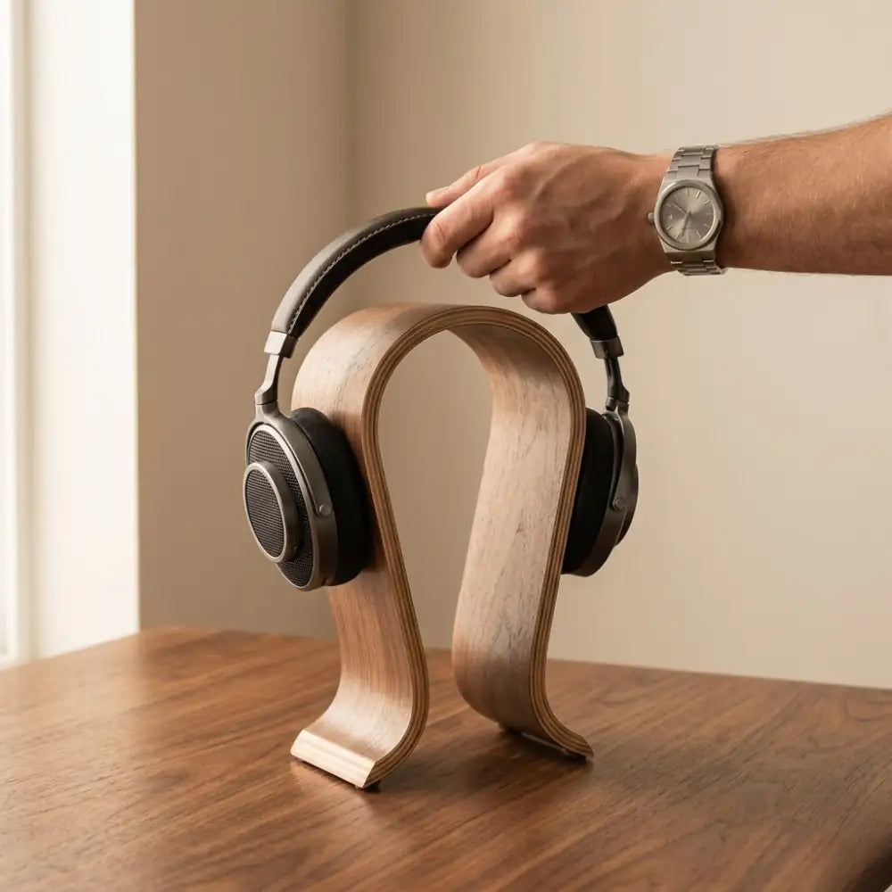 Hand placing headphones onto a solid wood headphone stand