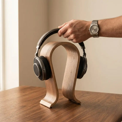 Hand placing headphones onto a solid wood headphone stand