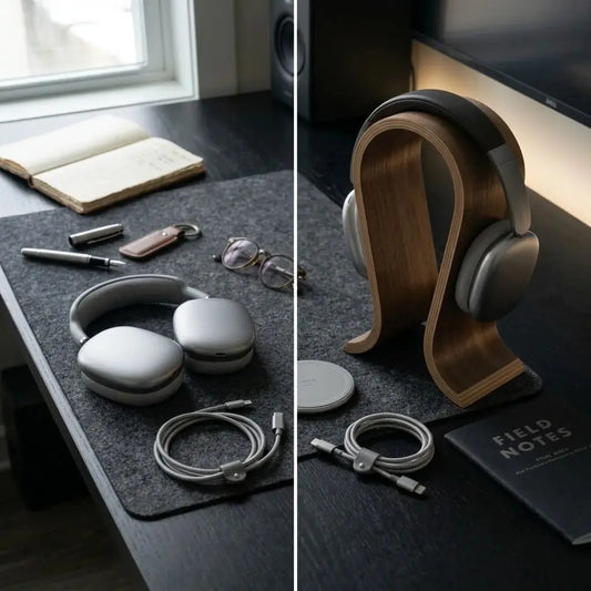 Before and after desk setup featuring a U-shaped wooden headphone stand.