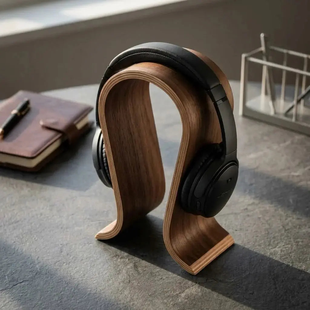 Curved wooden headphone holder displaying black over-ear headphones.
