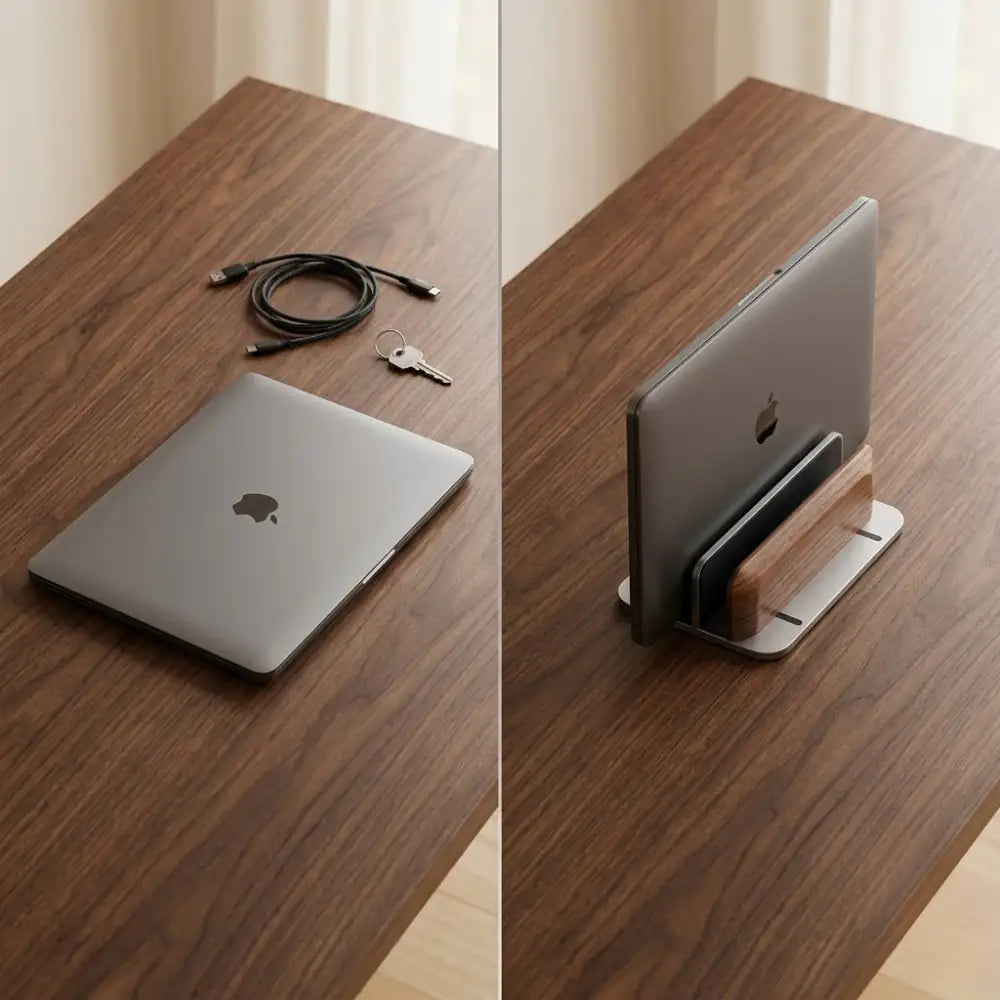 Before and after desk setup comparison showing space saved by an adjustable laptop stand