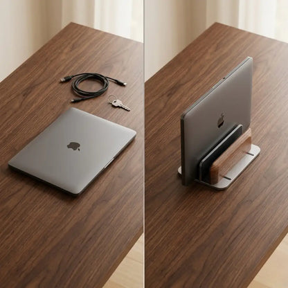 Before and after desk setup comparison showing space saved by an adjustable laptop stand