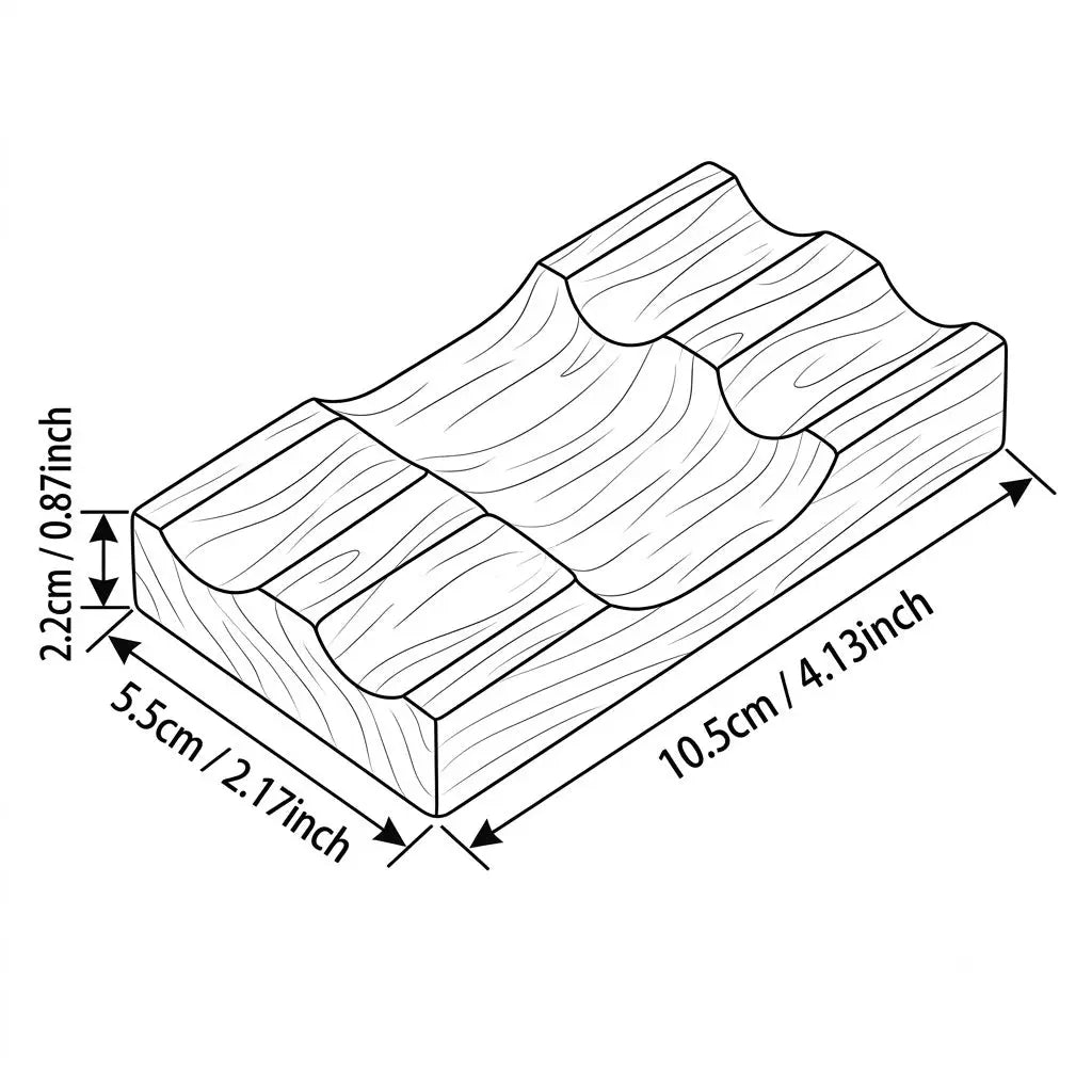 Walnut desk pen rest dimension diagram showing its length of 10.5 cm, width of 5.5 cm, and height of 2.2 cm.