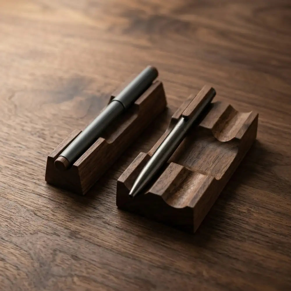 Minimalist walnut desk pen rest holding writing instruments on a dark wood desk