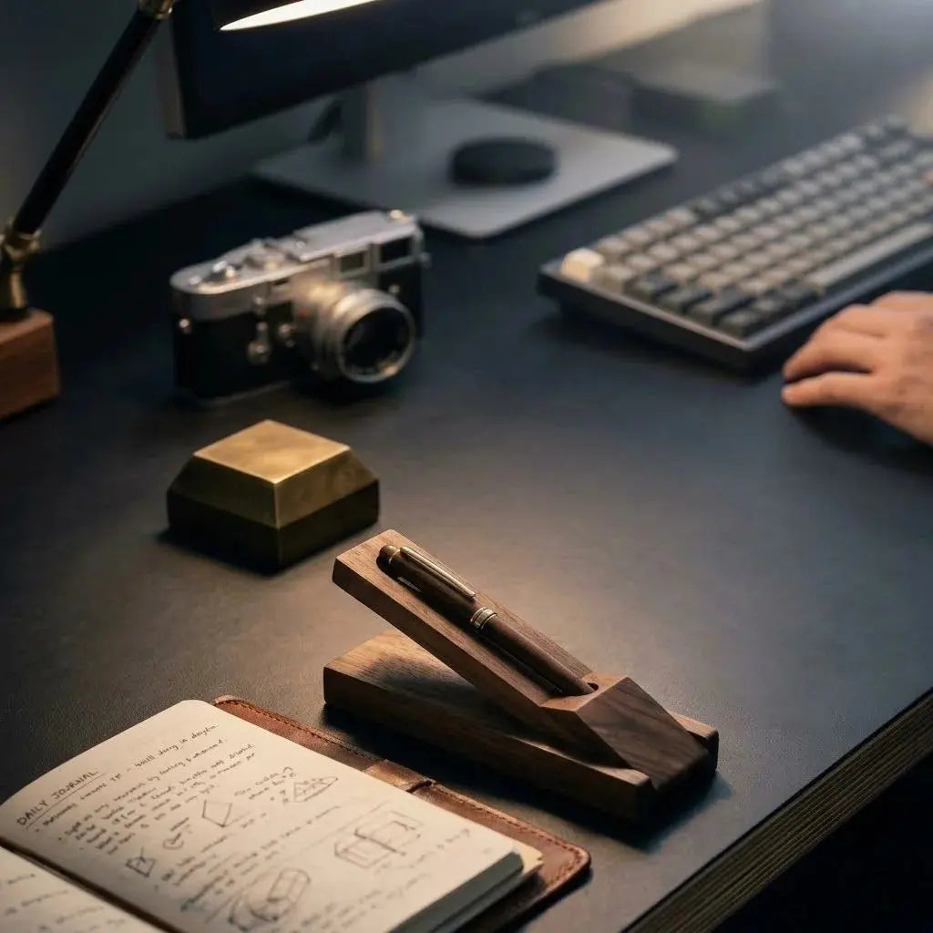 Walnut desk pen set on a work desk beside a daily journal and keyboard