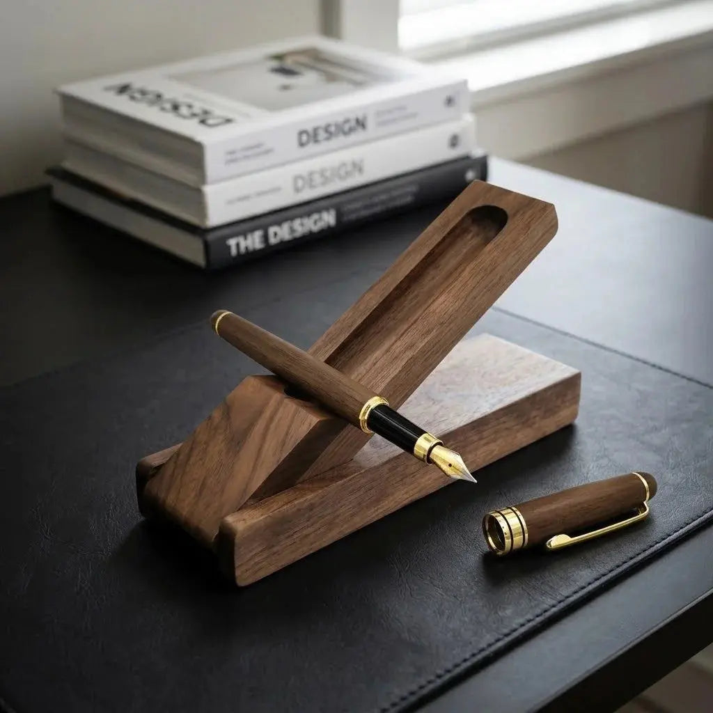 Walnut desk pen set with a solid walnut fountain pen and matching pen holder