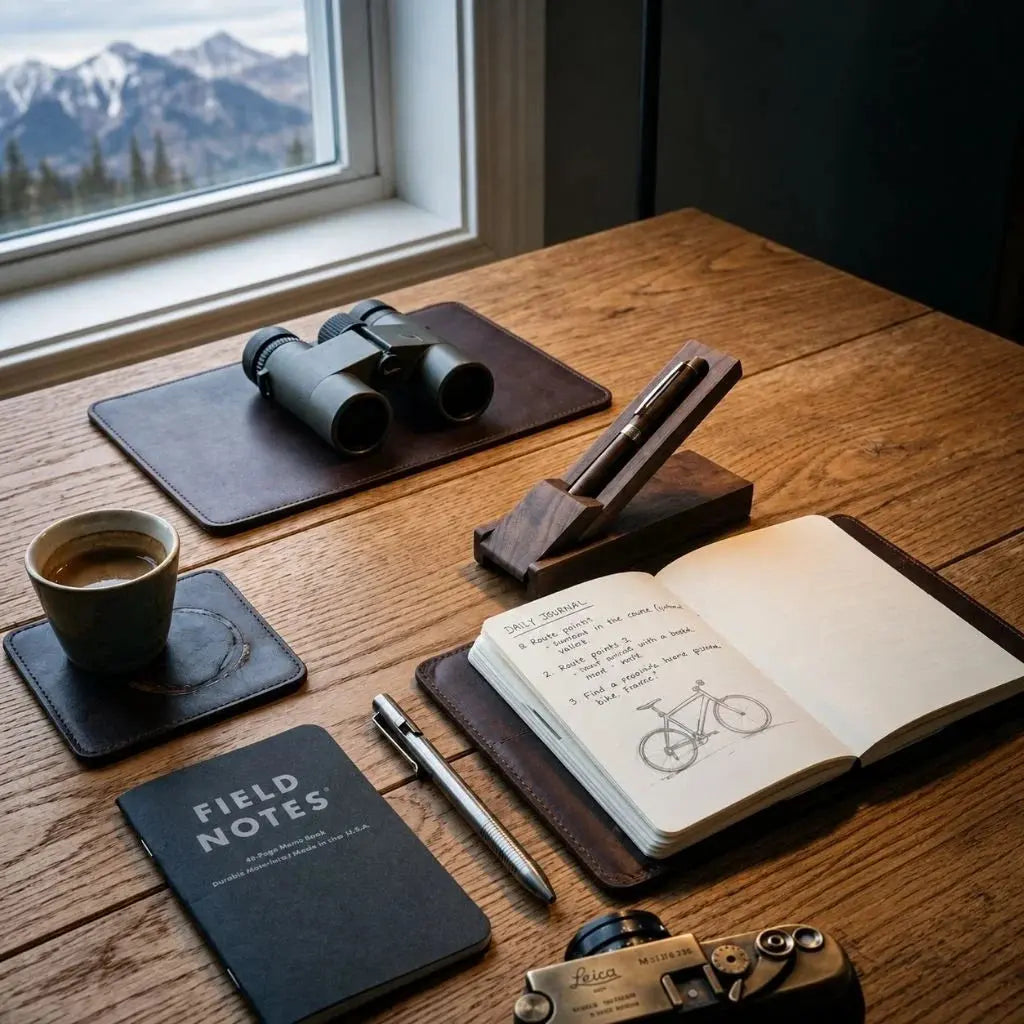 Walnut desk pen set on an organized writing desk with a journal and notebook