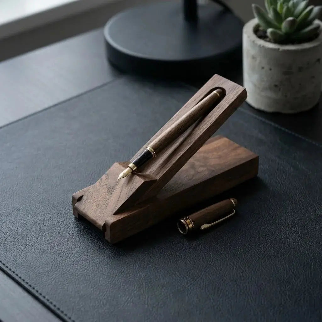 Solid walnut desk pen set with a wooden pen holder on a desk