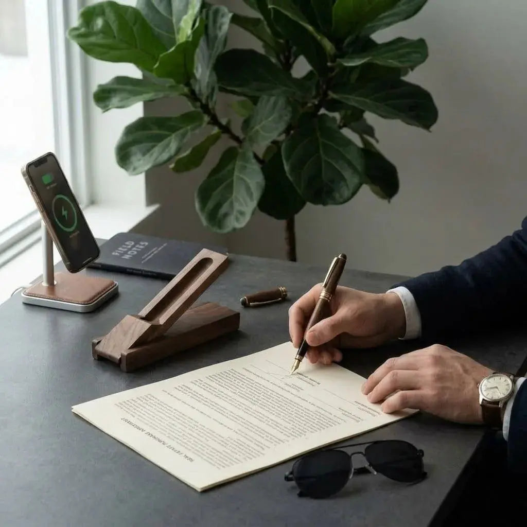 Man using a walnut desk pen set during a daily writing routine at his desk