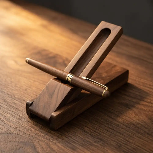 Minimalist walnut desk pen holder resting on a dark wood desk in warm afternoon light
