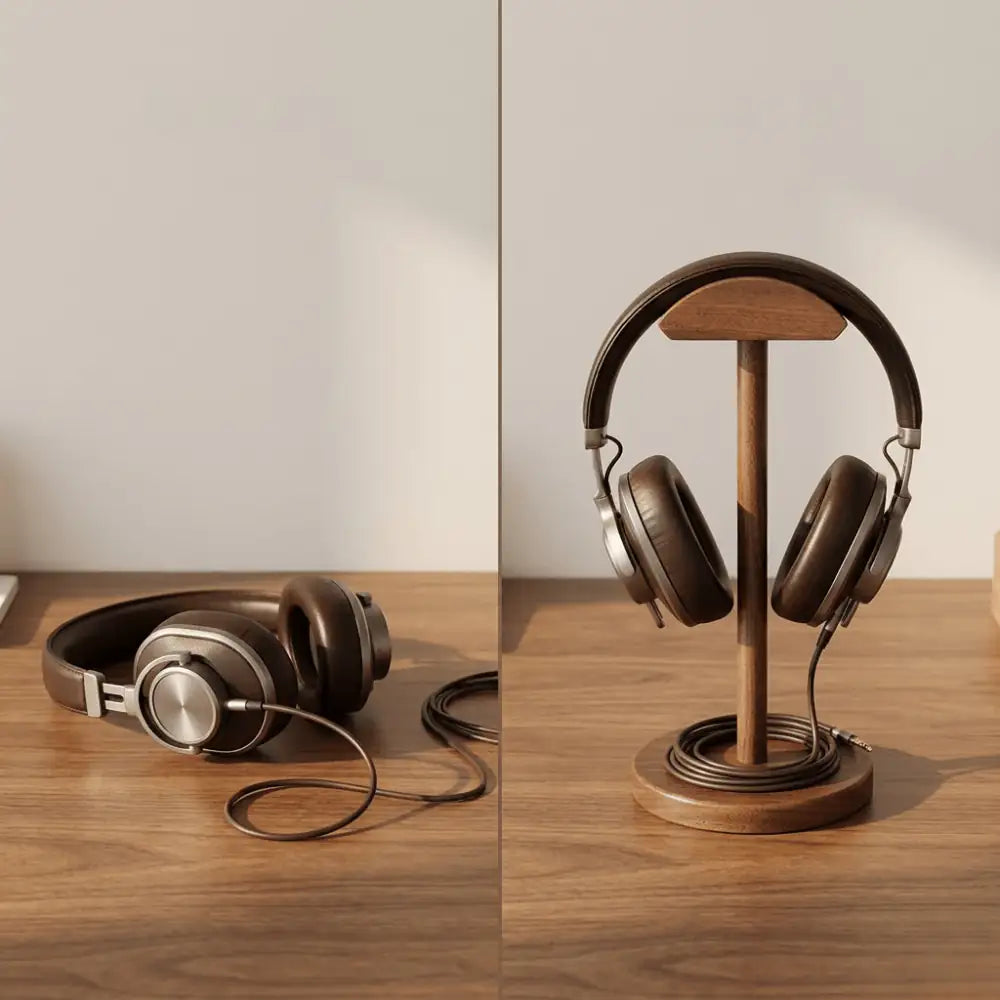 Desk setup comparison showing a workspace before and after using a walnut headphone stand