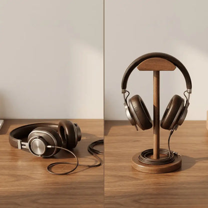 Desk setup comparison showing a workspace before and after using a walnut headphone stand