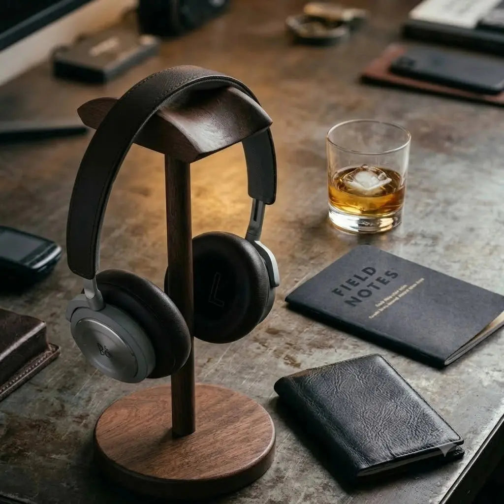 Walnut headphone holder displaying over-ear headphones alongside everyday desk accessories