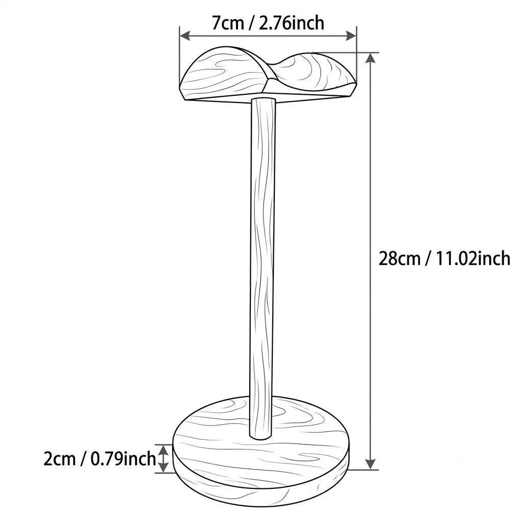 Walnut headphone holder dimensions showing 12 cm base diameter, 28 cm overall height, and 10 × 6.4 cm curved headphone rest.