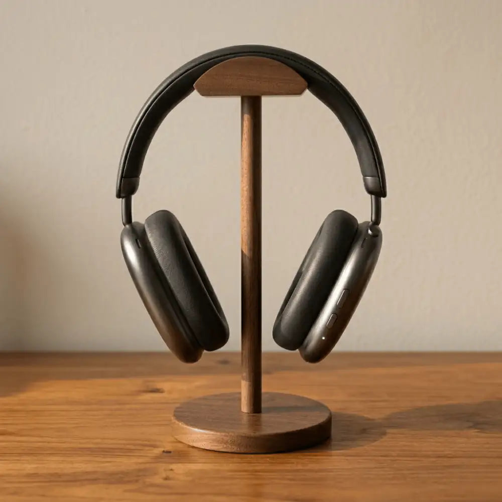 Walnut headphone stand for desk holding over-ear headphones on a dark wood surface
