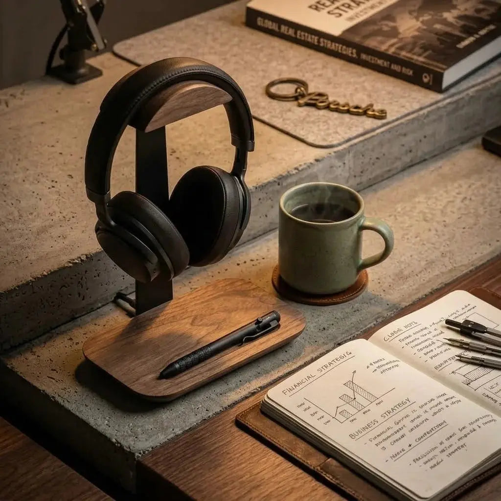 Walnut headphone stand with pen tray on an intentional workspace beside a notebook and pen