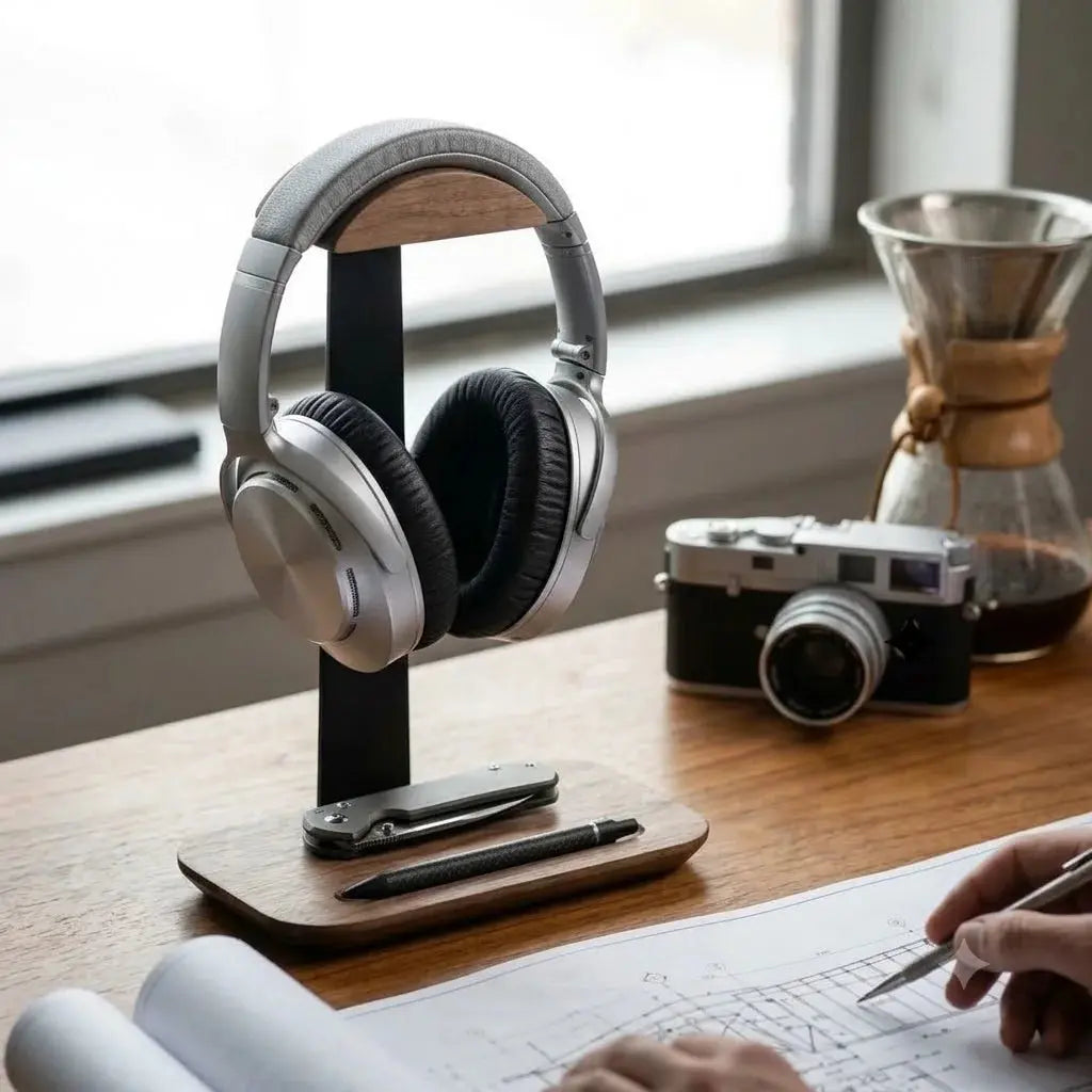 Walnut headphone stand with pen tray holding headphones and pens in a creative workspace