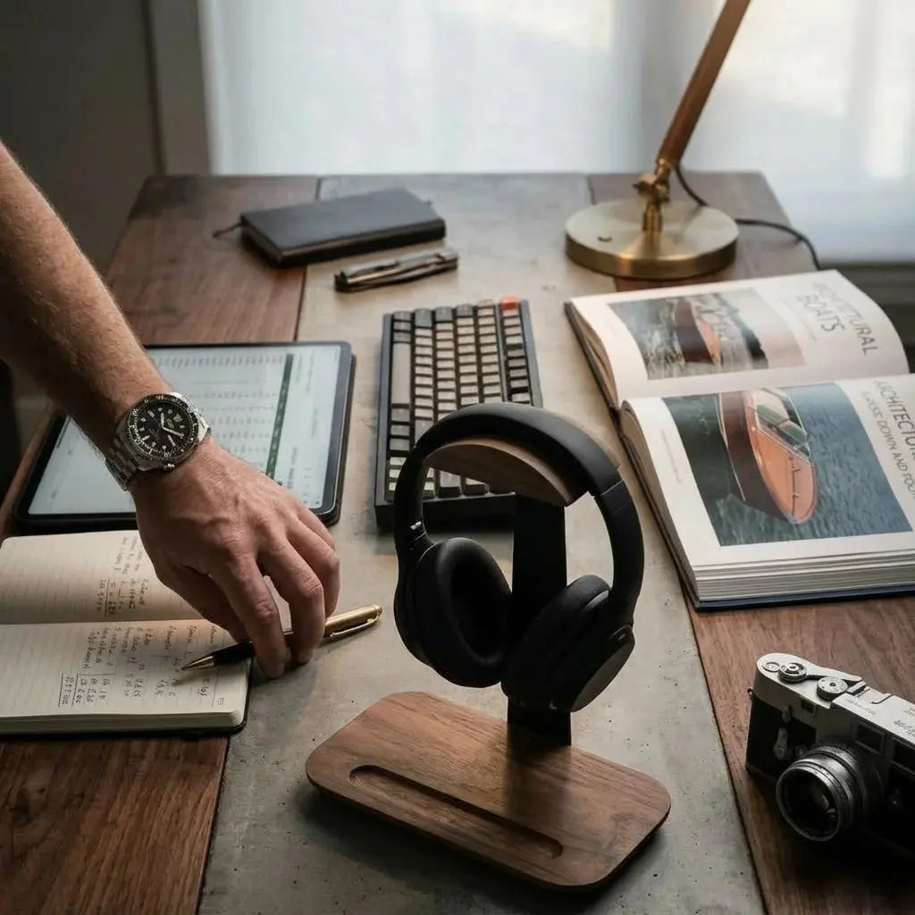 Walnut headphone stand with pen tray used in a daily desk routine with headphones, notebook, and pen