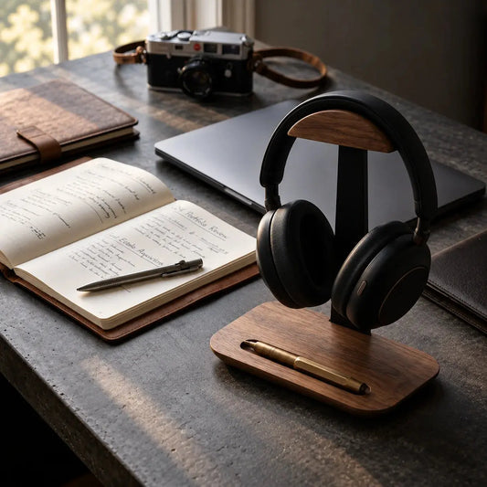 Walnut headphone stand with pen tray holding over-ear headphones and a pen on a professional desk setup