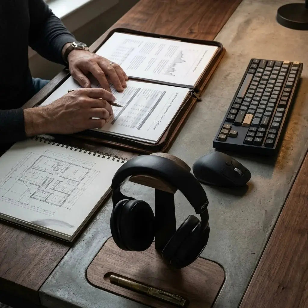 Walnut headphone stand with pen tray holding headphones and a pen beside documents on a focused workspace
