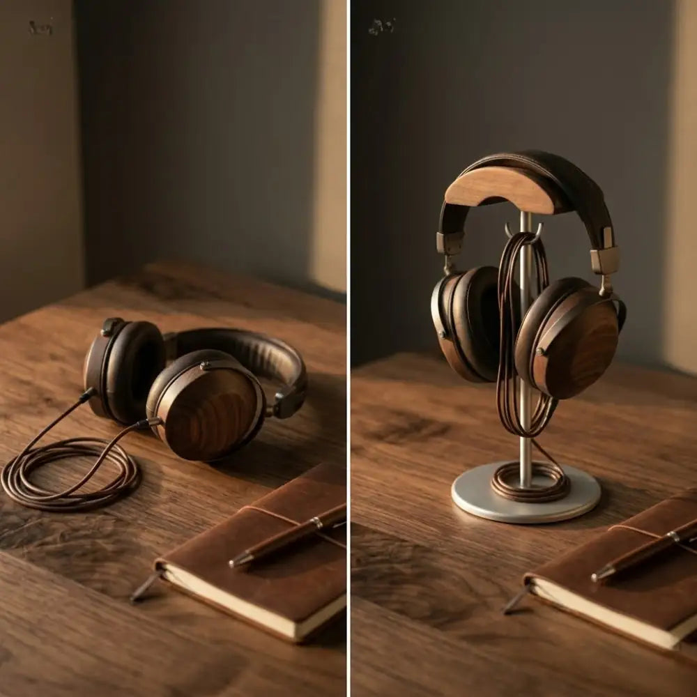 Desk headphone stand on a wooden desk with headphones, notebook, and pen