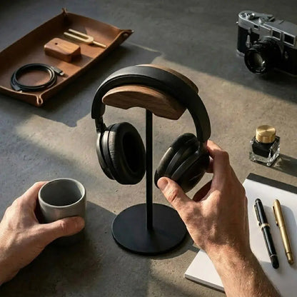 Hand lifting over-ear headphones from a walnut and metal headphone stand on a desk