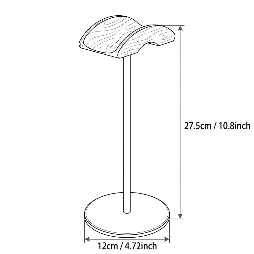 Walnut and gray metal headphone stand measuring 27.5 cm tall with a 12 cm round base.