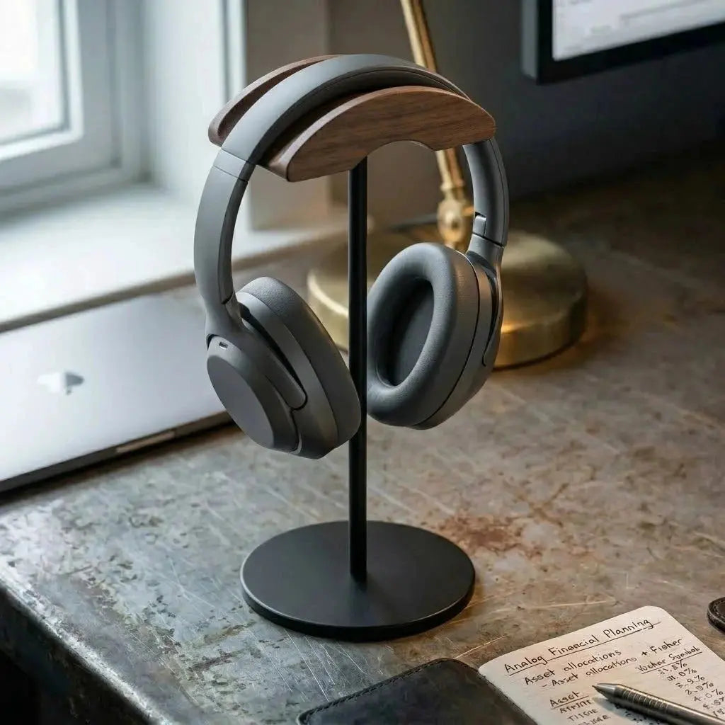 Walnut and metal desk headphone stand holding over-ear headphones in a quiet home office
