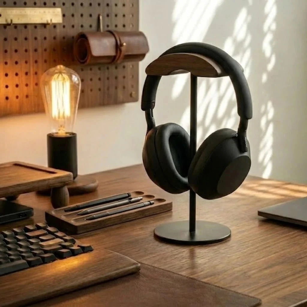 Walnut and metal headphone stand in a warm wooden desk workspace