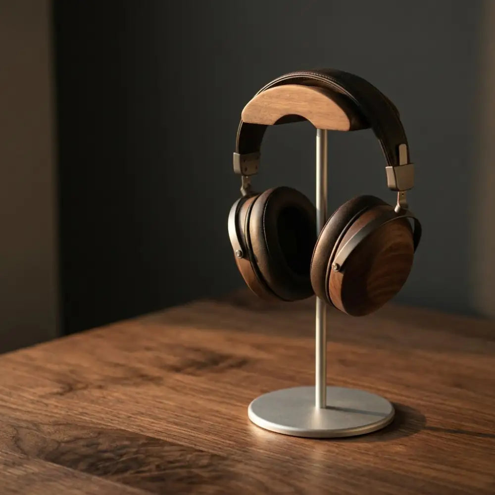 Walnut desk headphone stand holding over-ear headphones on a dark background