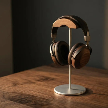 Walnut desk headphone stand holding over-ear headphones on a dark background