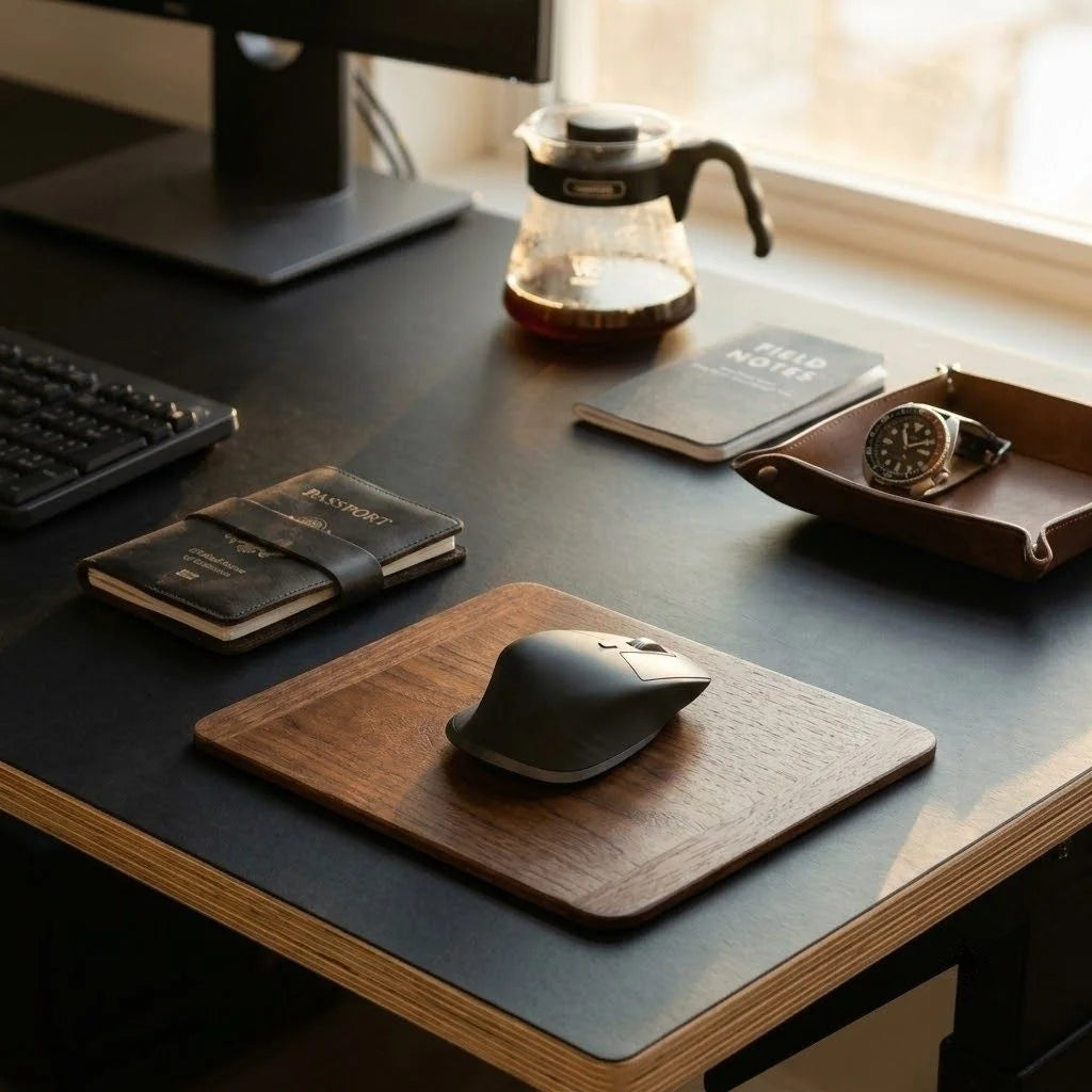 Walnut mouse pad on a clean and organized desk setup with keyboard and accessories