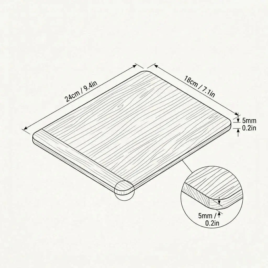 Dimensions of the solid walnut mouse pad showing 24 cm by 18 cm and 5 mm thickness
