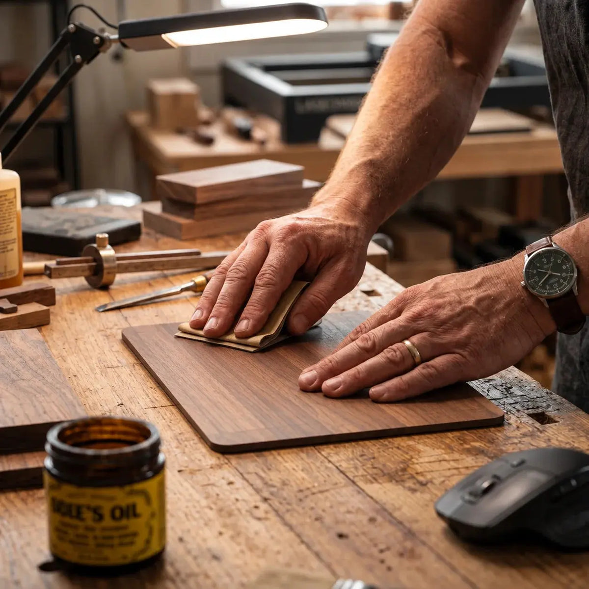 Walnut mouse pad being finished by hand in a woodworking workshop