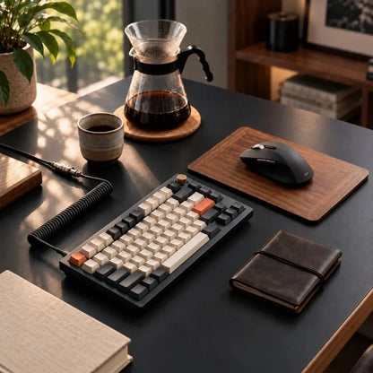 Walnut mouse pad in a minimalist workspace with keyboard and coffee