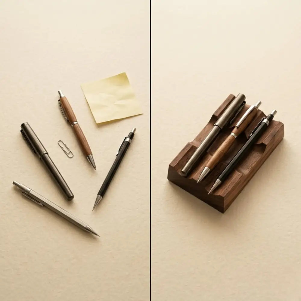 Before and after desk setup comparison showing an organized space with a walnut desk pen rest