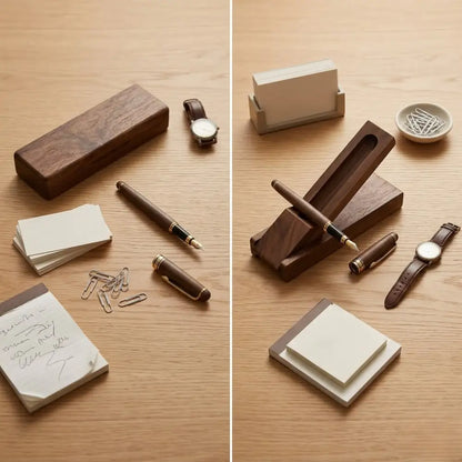 Organized everyday carry items featuring a walnut desk pen holder on a wooden desk