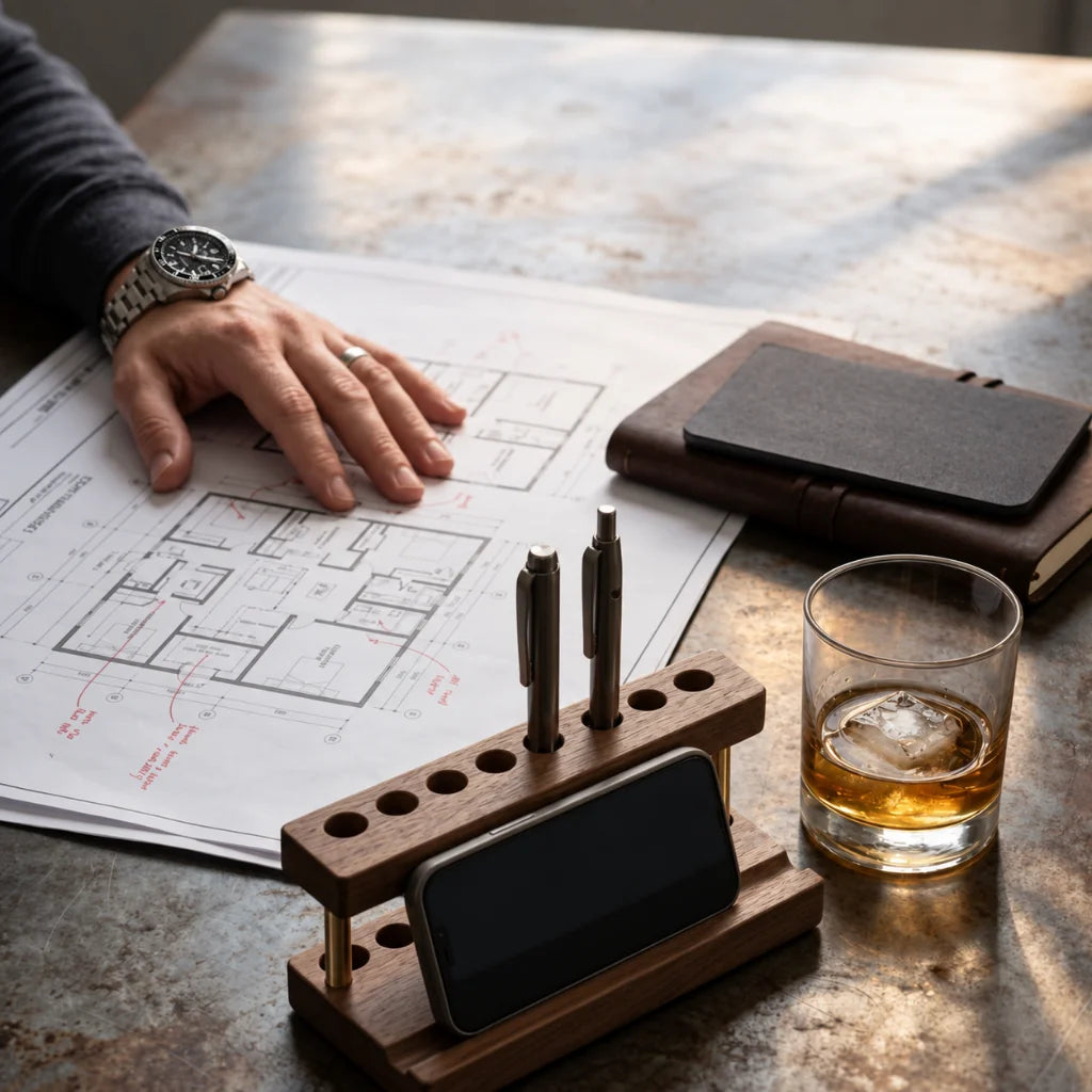 Walnut phone and pen stand organizer on a desk during a daily work routine